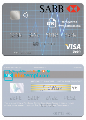 editable template, Saudi Arabia The Saudi British Bank visa debit card template in PSD format