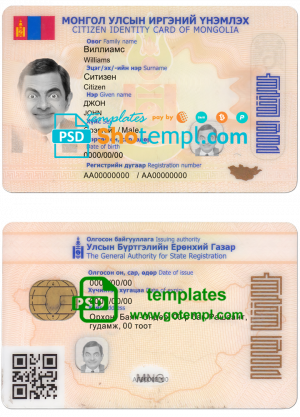 editable template, Mongolia ID card template in PSD format, fully editable