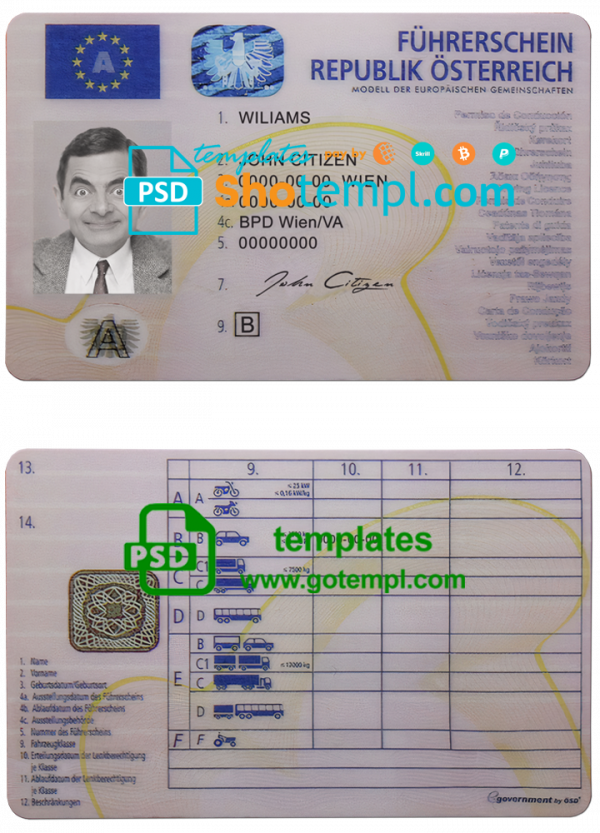 editable template, Austria driving license template in PSD format, fully editable