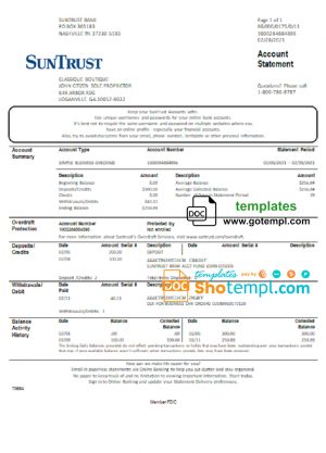 editable template, USA Georgia SunTrust bank proof of address statement template in .doc and .pdf format