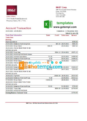 editable template, USA North Carolina BB&T Corp. bank statement template in Excel and PDF format