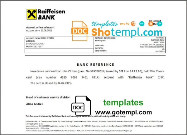 editable template, Romania Raiffeisen bank account closure reference letter template in Word and PDF format