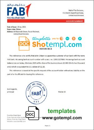 editable template, UAE FAB bank account balance reference letter template in Word and PDF format