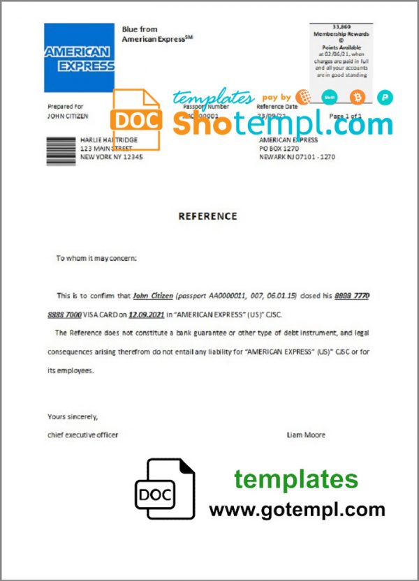 editable template, USA American Express bank account closure reference letter template in Word and PDF format