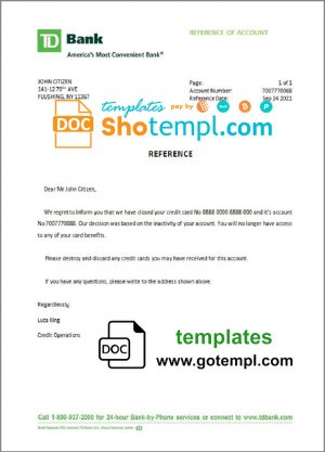 editable template, USA TD Bank bank account closure reference letter template in Word and PDF format