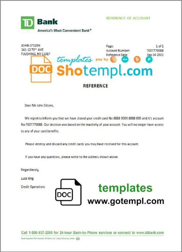 editable template, USA TD Bank bank account closure reference letter template in Word and PDF format