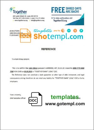 editable template, USA Together bank account closure reference letter template in Word and PDF format