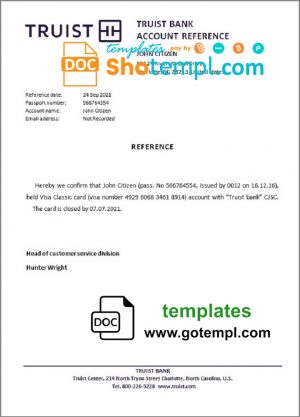 editable template, USA Truist Bank bank account closure reference letter template in Word and PDF format
