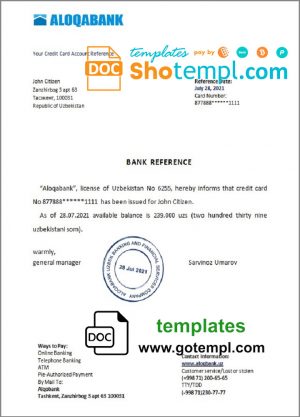 editable template, Uzbekistan Aloqabank account balance reference letter template in Word and PDF format