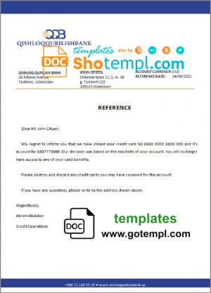 editable template, Uzbekistan Qishloq Qurilish Bank account closure reference letter template in Word and PDF format