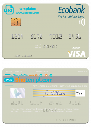 editable template, Senegal Ecobank Sénégal visa debit card template in PSD format