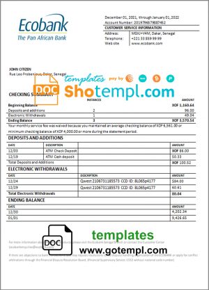 editable template, Senegal Ecobank bank statement template in Word and PDF format