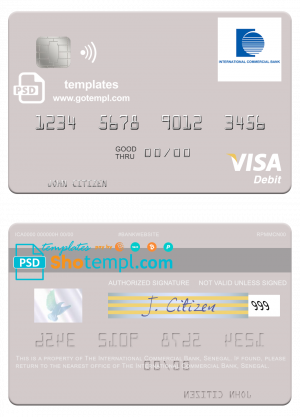 editable template, Senegal The International Commercial Bank visa debit card template in PSD format