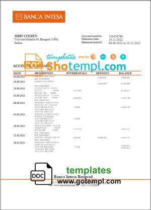 editable template, Serbia Banca Intesa bank statement template in Word and PDF format