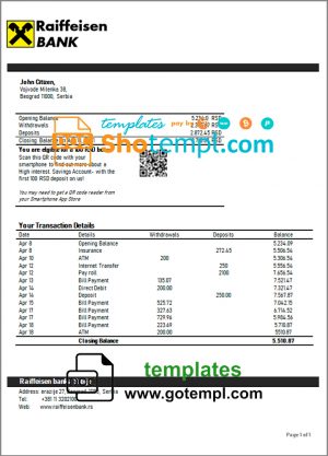editable template, Serbia Raiffeisen bank statement template in Word and PDF format