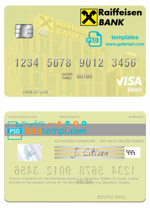 editable template, Serbia Raiffeisen banka a.d. Beograd visa debit card template in PSD format