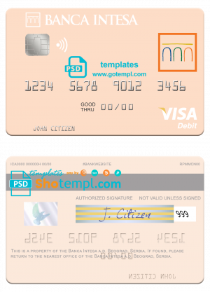 editable template, Serbia The Banca Intesa a.d. Beograd visa debit card template in PSD format