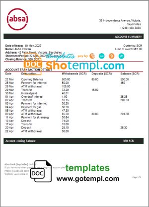 editable template, Seychelles ABSA bank statement template in Word and PDF format