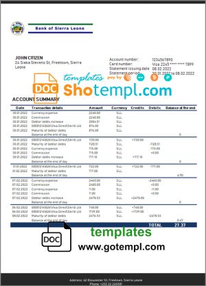 editable template, Sierra Leone Bank of Sierra Leone bank statement template in Word and PDF format