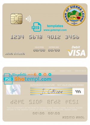 editable template, Sierra Leone Bank of Sierra Leone visa debit card template in PSD format