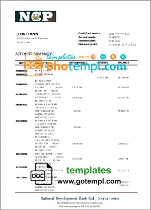 editable template, Sierra Leone National Development bank statement template in Word and PDF format