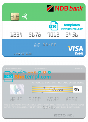 editable template, Sierra Leone National Development Bank visa debit card template in PSD format