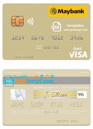 editable template, Singapore Maybank Singapore visa debit card template in PSD format