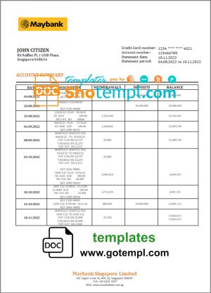 editable template, Singapore Maybank bank statement template in Word and PDF format
