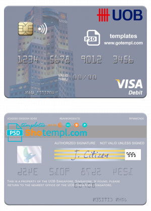 editable template, Singapore UOB Singapore visa debit card template in PSD format