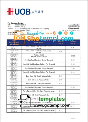 editable template, Singapore UOB bank statement template in Word and PDF format