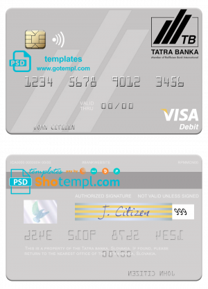 editable template, Slovakia Tatra Banka visa debit card template in PSD format