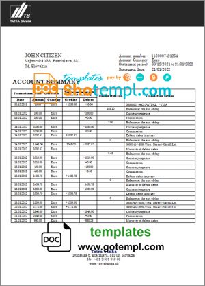 editable template, Slovakia Tatra bank statement template in Word and PDF format