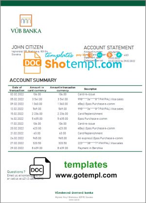 editable template, Slovakia VUB bank statement template in Word and PDF format