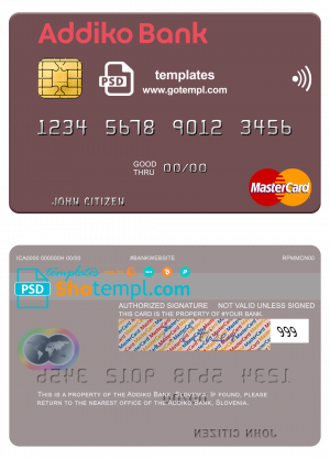 editable template, Slovenia Addiko Bank mastercard template in PSD format