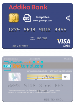 editable template, Slovenia Addiko Bank visa debit card template in PSD format