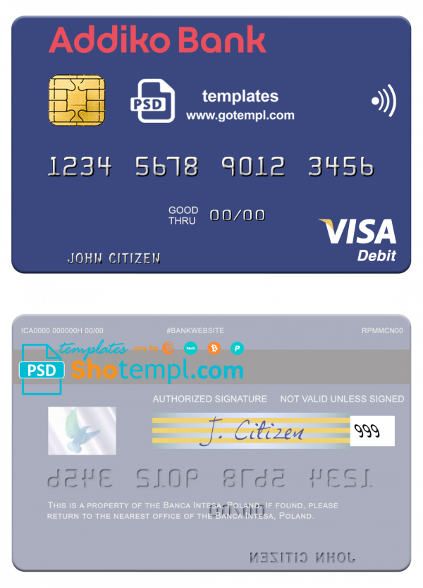 editable template, Slovenia Addiko Bank visa debit card template in PSD format