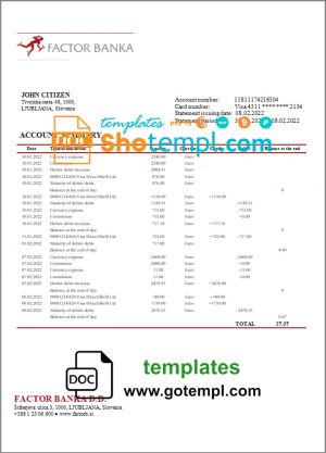 editable template, Slovenia Factor Banka bank statement in Word and PDF format