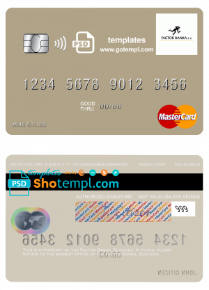 editable template, Slovenia Factor Banka mastercard template in PSD format