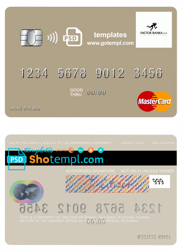 editable template, Slovenia Factor Banka mastercard template in PSD format