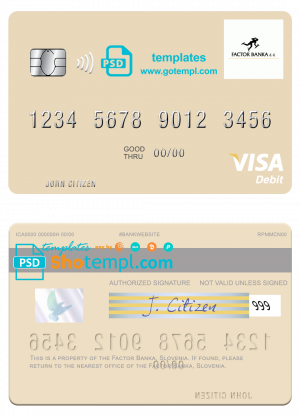 editable template, Slovenia Factor Banka visa debit card template in PSD format
