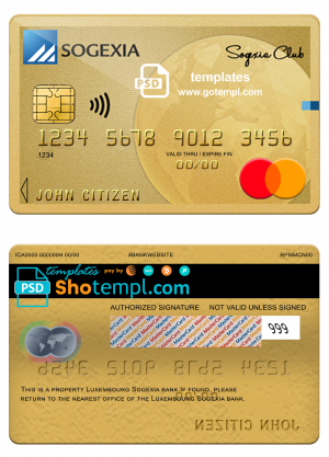 editable template, Luxembourg Sogexia bank mastercard credit card template in PSD format