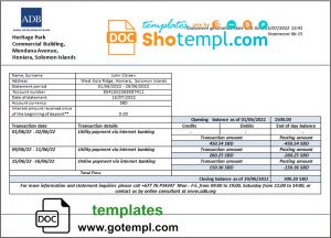 editable template, Solomon Islands ADB bank statement template in Word and PDF format