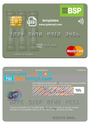 editable template, Solomon Islands BSP Bank mastercard credit card template in PSD format