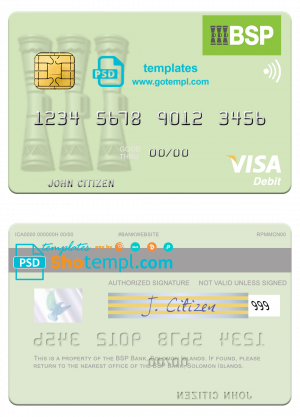 editable template, Solomon Islands BSP Bank visa debit credit card template in PSD format
