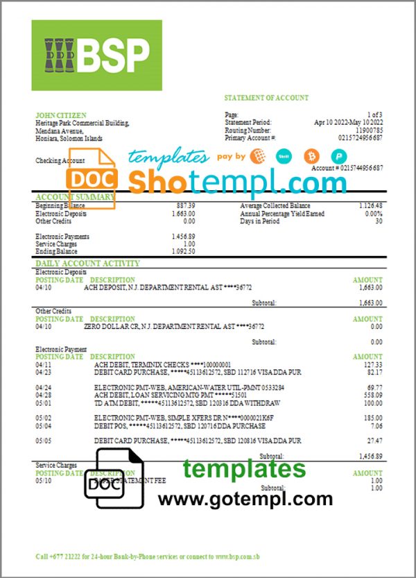 editable template, Solomon Islands BSP bank statement template in Word and PDF format