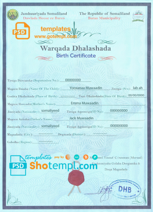 editable template, Somalia birth certificate template in PSD format, fully editable