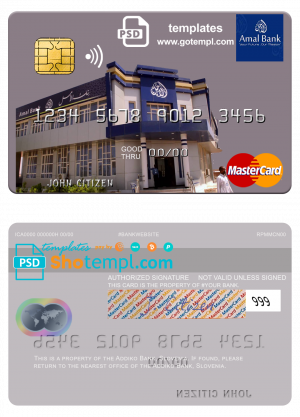 editable template, Somalia Amal Bank mastercard credit card template in PSD format