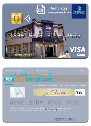 editable template, Somalia Amal Bank visa debit card template in PSD format, fully editable