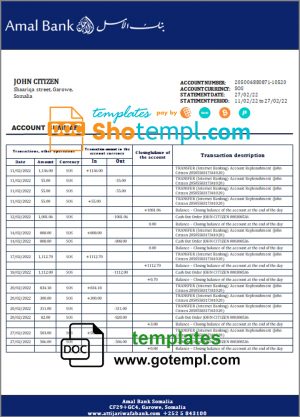 editable template, Somalia Amal bank statement template in Word and PDF format