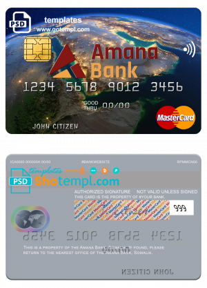 editable template, Somalia Amana Bank mastercard credit card template in PSD format